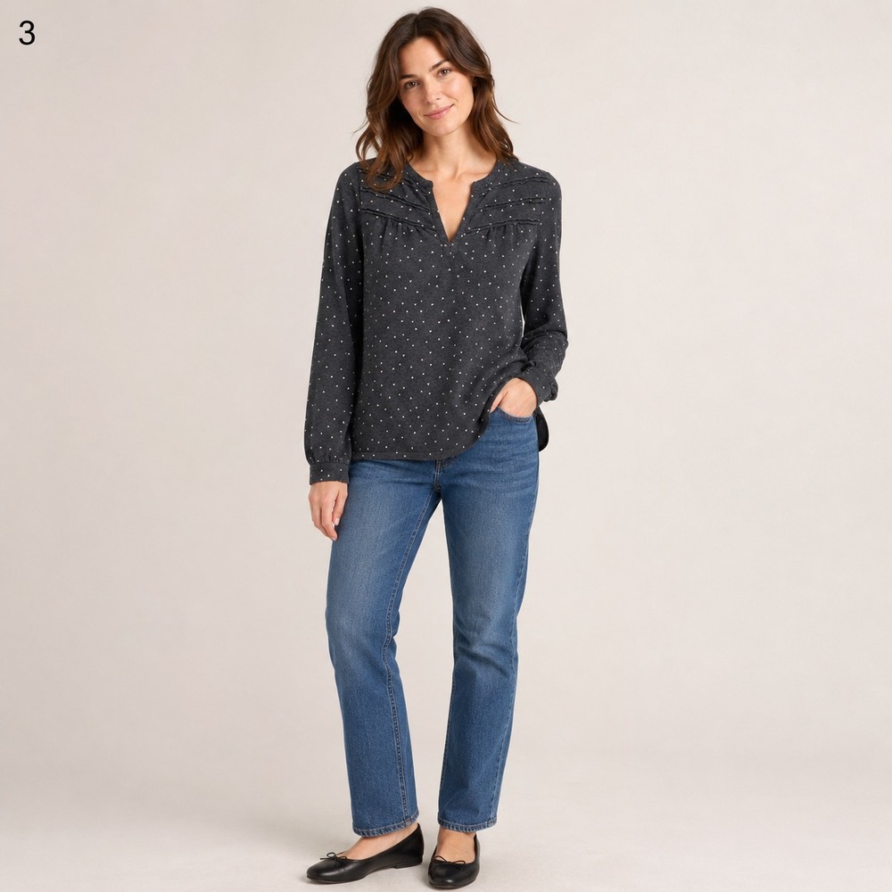 Lucky Brand Pullover Top Womens Small Gray White Heart Print Cotton Soft